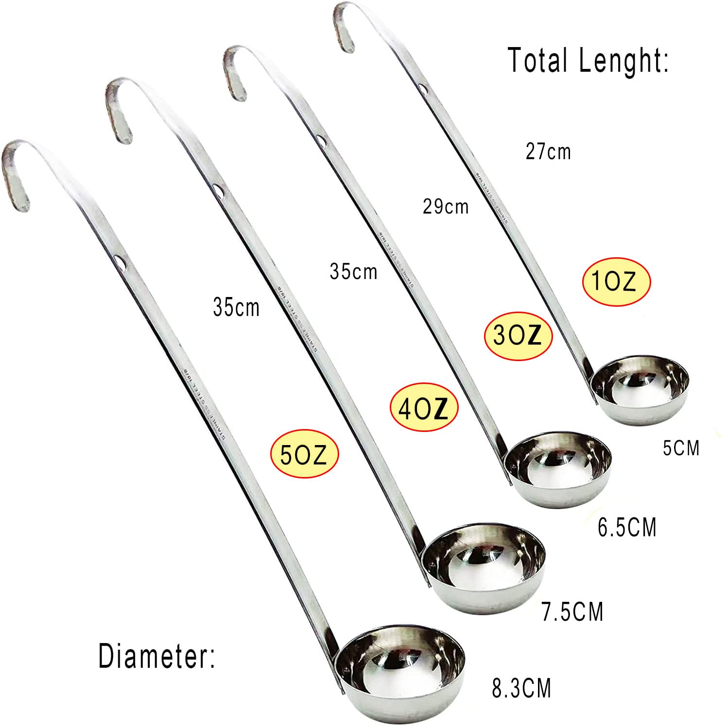 Danaraa 4 Pieces Stainless Steel Soup Ladle Metal Handle Ladle With Pouring Rim,1Oz/3Oz/4Oz/5Oz Set Ladles For Cooking Soup Sauc